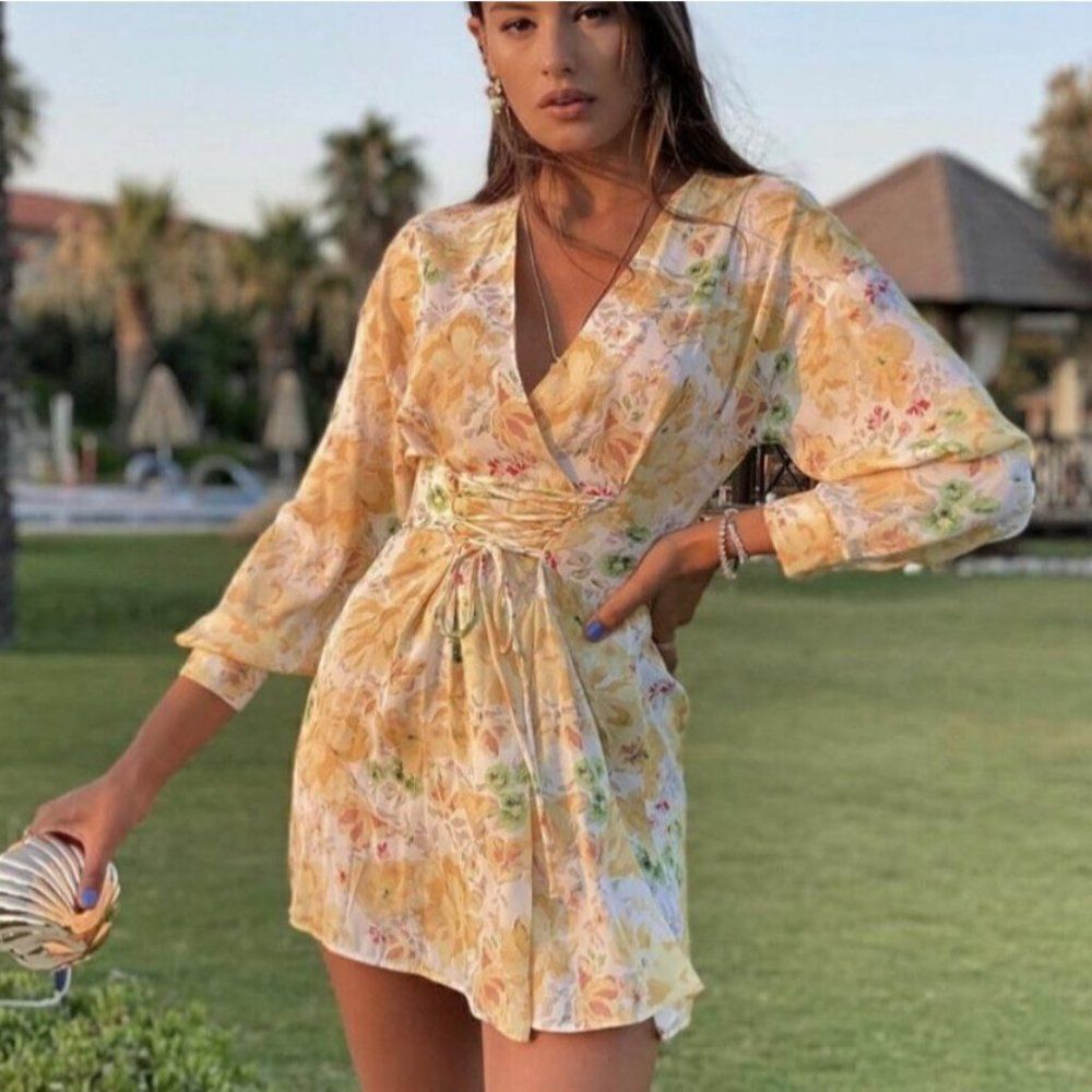 Zara Blogger Favorite Yellow Floral Corset Long Sleeve A-Line Mini Dress NWT XS